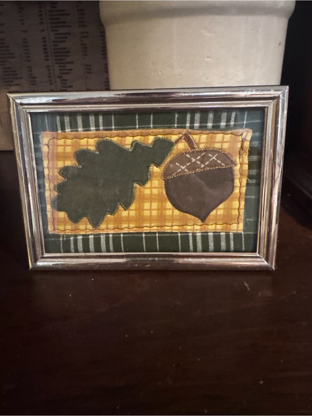 Vintage Autumn Oak Leaf & Acorn Quilt Piece Framed Fabric Art - Green and Brown